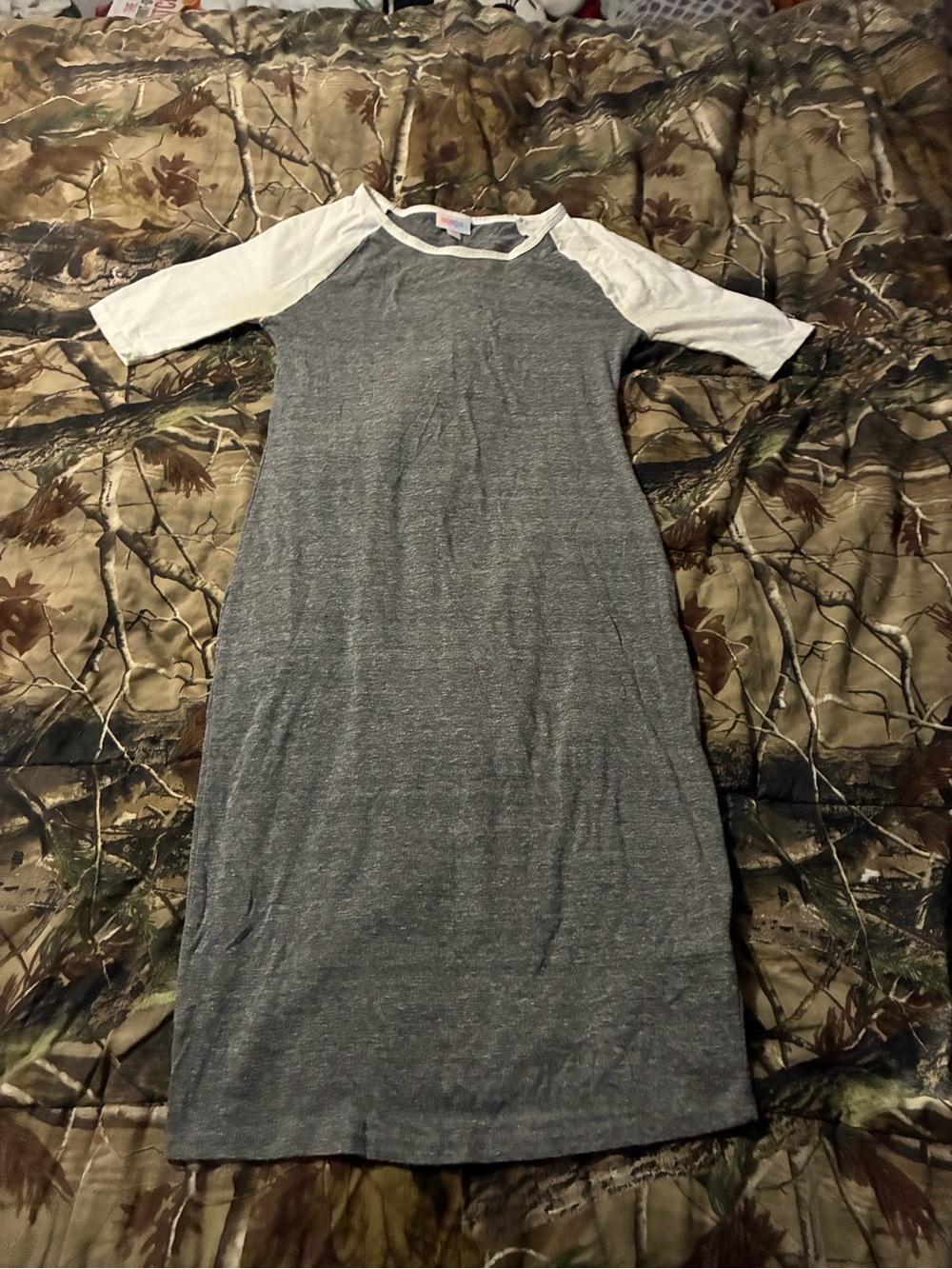 LuLaRoe Gray Midi Dress with White Raglan Sleeves